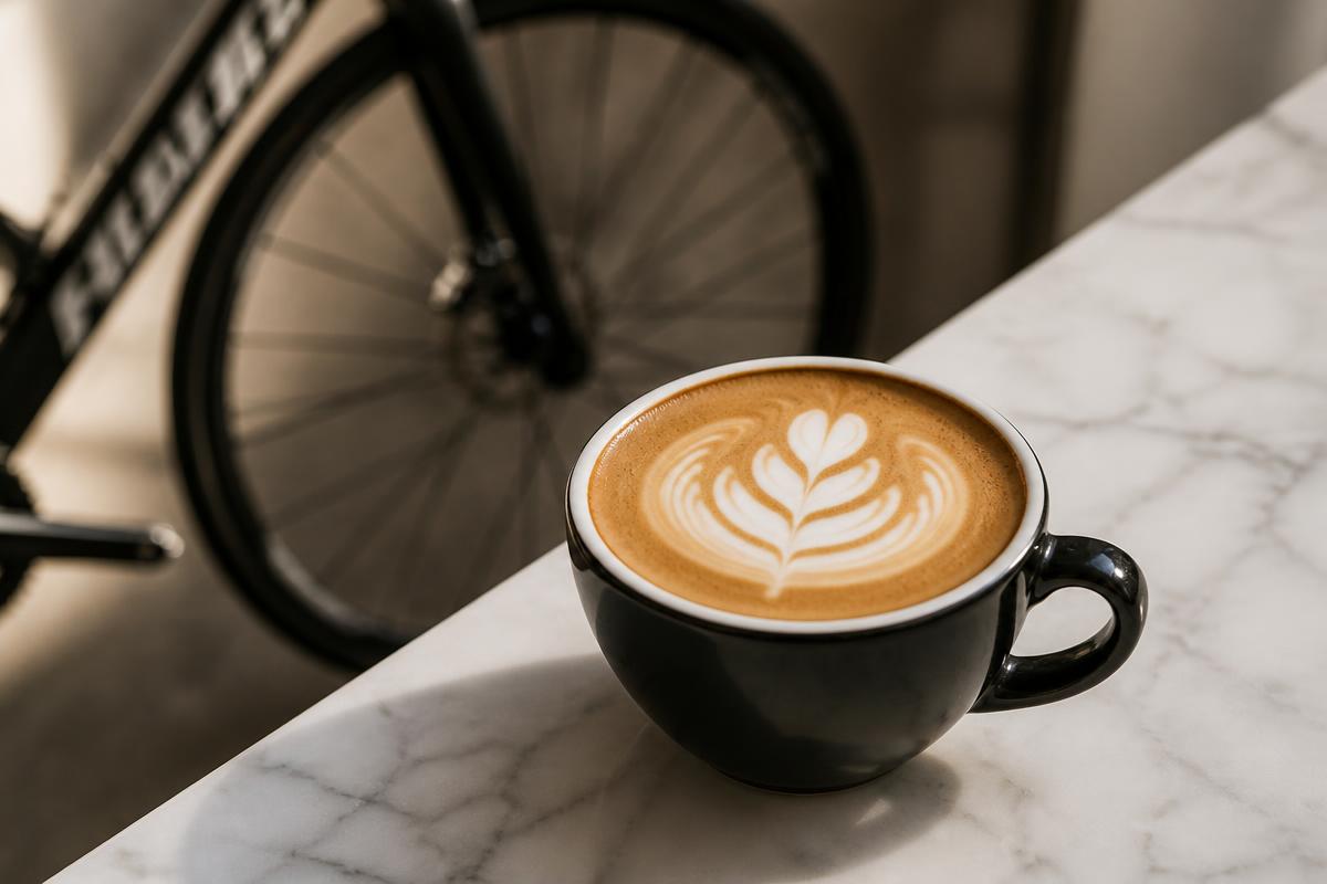 Flat white coffee with road bike in the background
